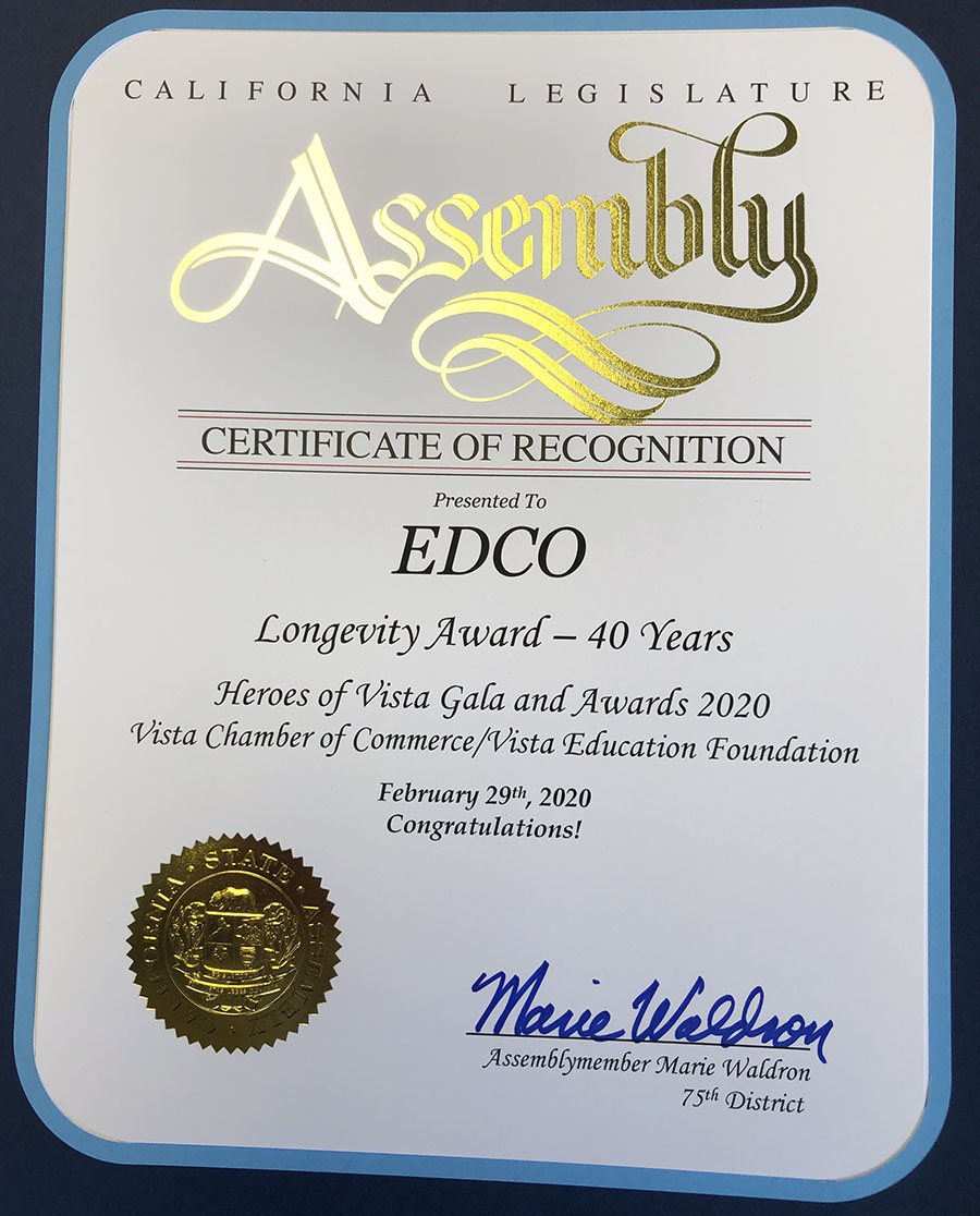 EDCO Receives Longevity Award News EDCO El Cajon County